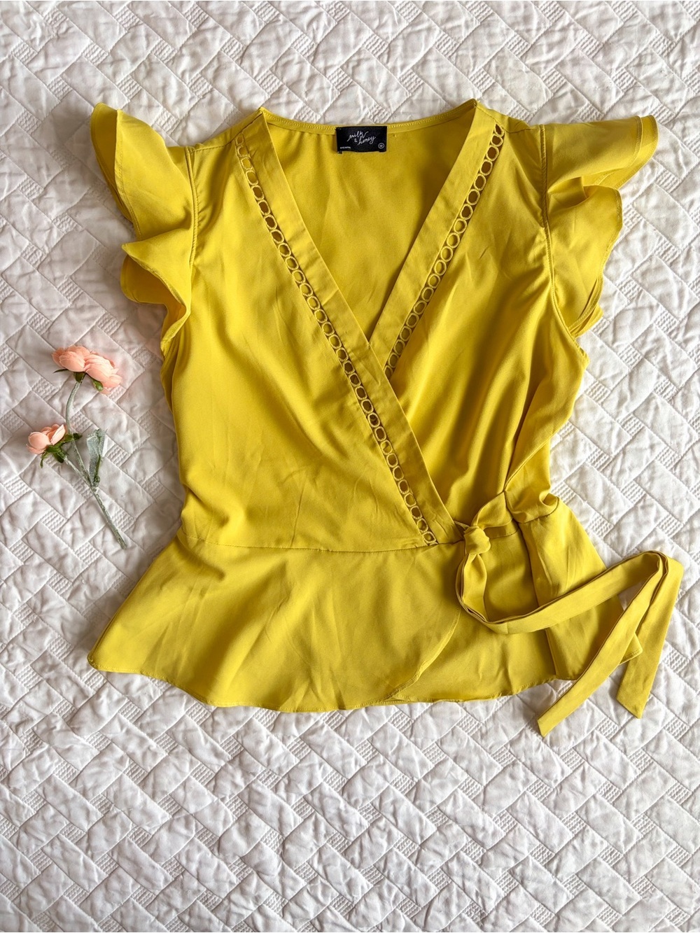 Milk & Honey Yellow Wrap Blouse Ruffle Sleeve Peplum Top M